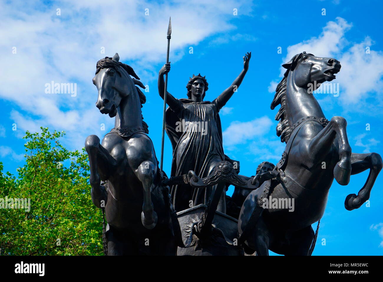 Thomas Thorneycroft's statue of Boadicea and her Daughters in London. Boudicca or Boudicca was a queen of the British Celtic Iceni tribe who led an uprising against the occupying forces of the Roman Empire in AD 60 or 61, and died shortly after its failure. Stock Photo