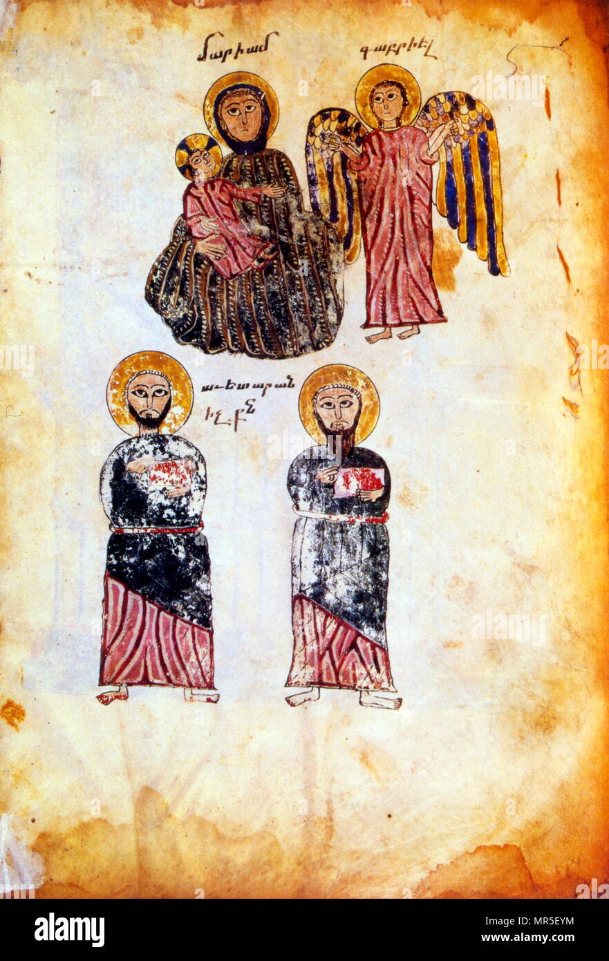 Armenian Christian illustrated manuscript showing An angel, Mary and Jesus with two apostles. 13th century Stock Photo