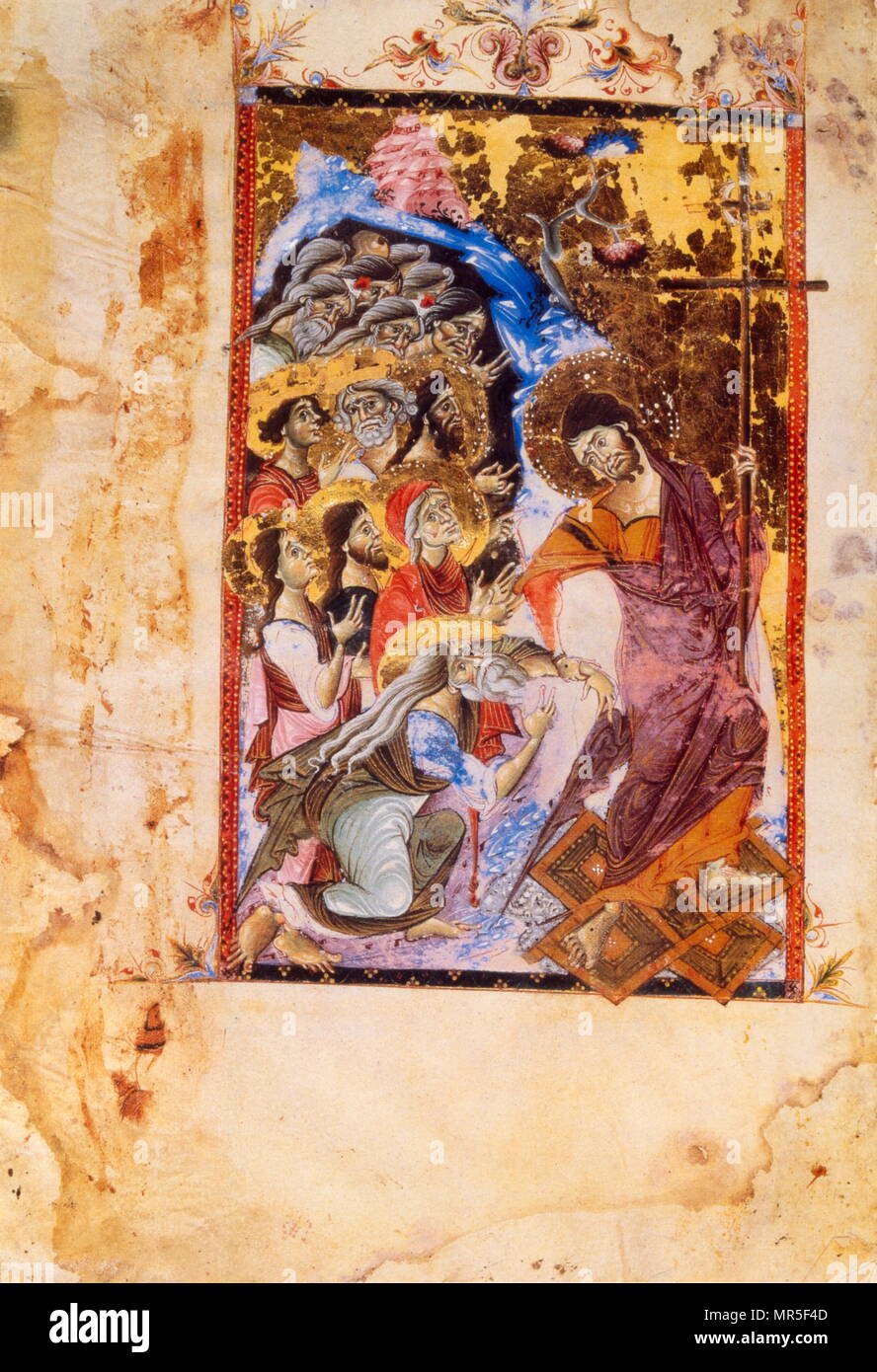Armenian Christian illustrated manuscript showing the burial of Jesus after crucifixion, described in the New Testament. According to the canonical gospel accounts, he was placed in a tomb by a man named Joseph of Arimathea. 13th century Stock Photo