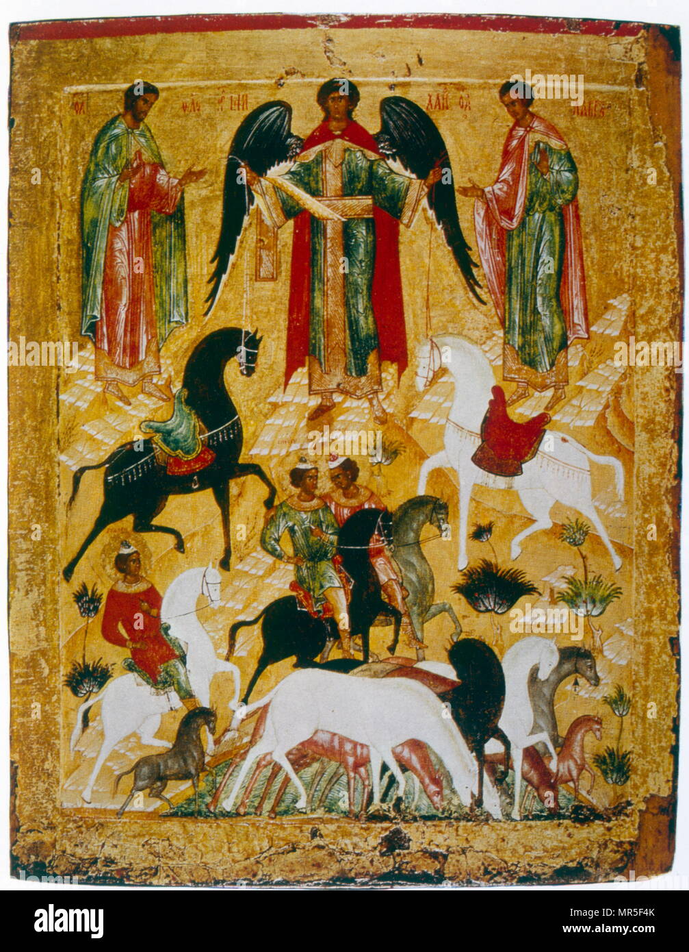 15th century Russian icon depicting the Miracle of Florus and Laurus. Tempera on panel, Novgorod School Stock Photo