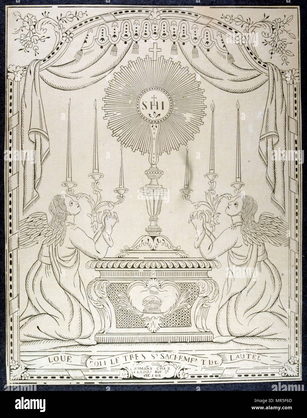 French 19th century woodcut illustration showing the Holy Sacrament at the high altar of a church Stock Photo