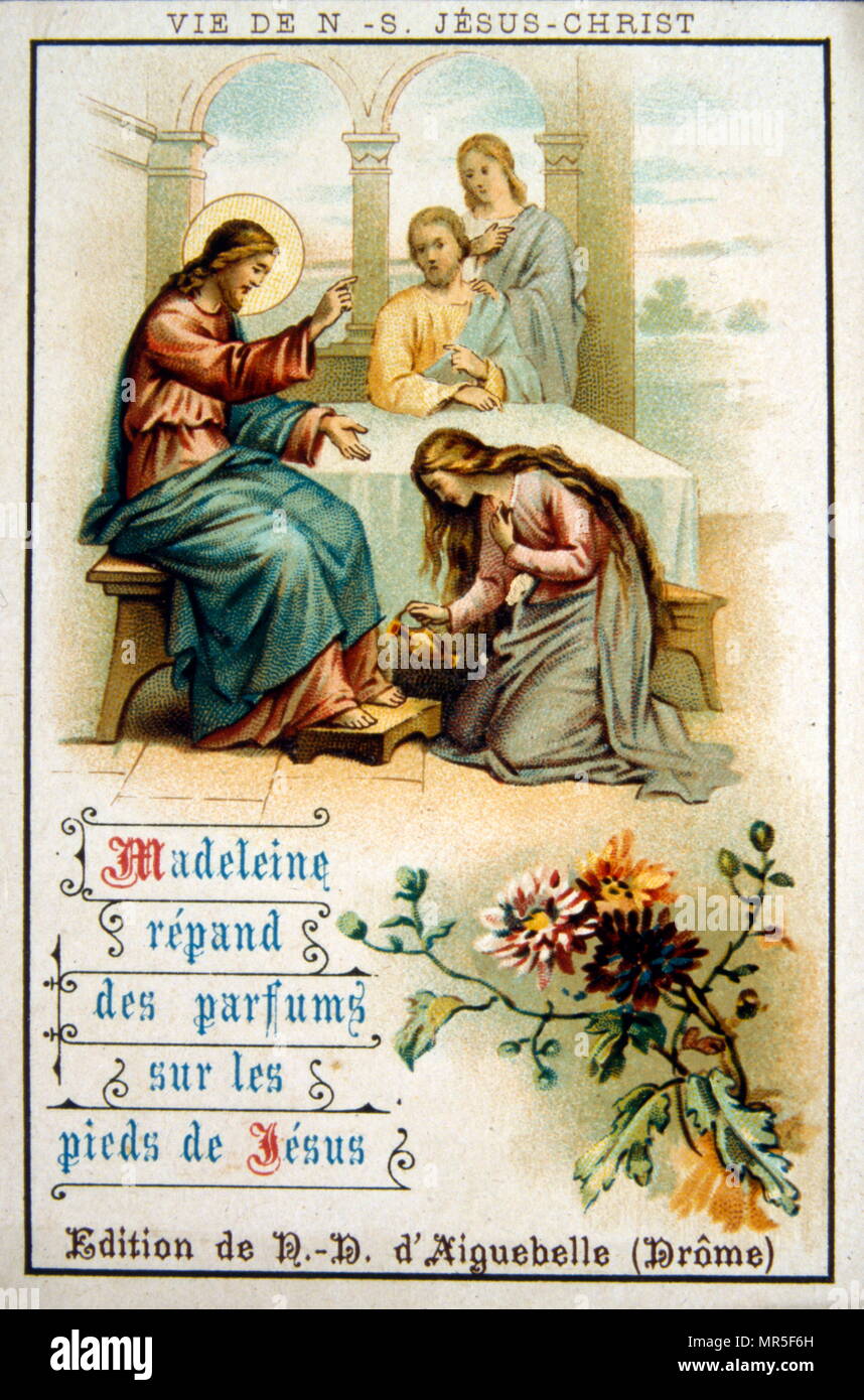 French Christmas card showing the washing of Jesus's feet by Mary Magdalena. 1900 Stock Photo