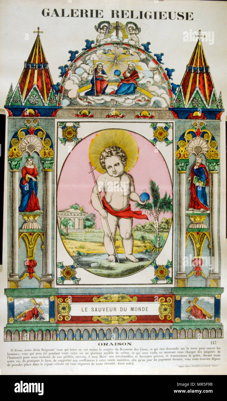 19th century coloured illustration (French); depicting the infant Jesus Christ. Circa 1854 Stock Photo