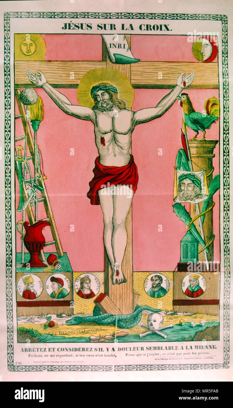 19th century French popular print of the Crucifixion of Christ circa 1860 Stock Photo