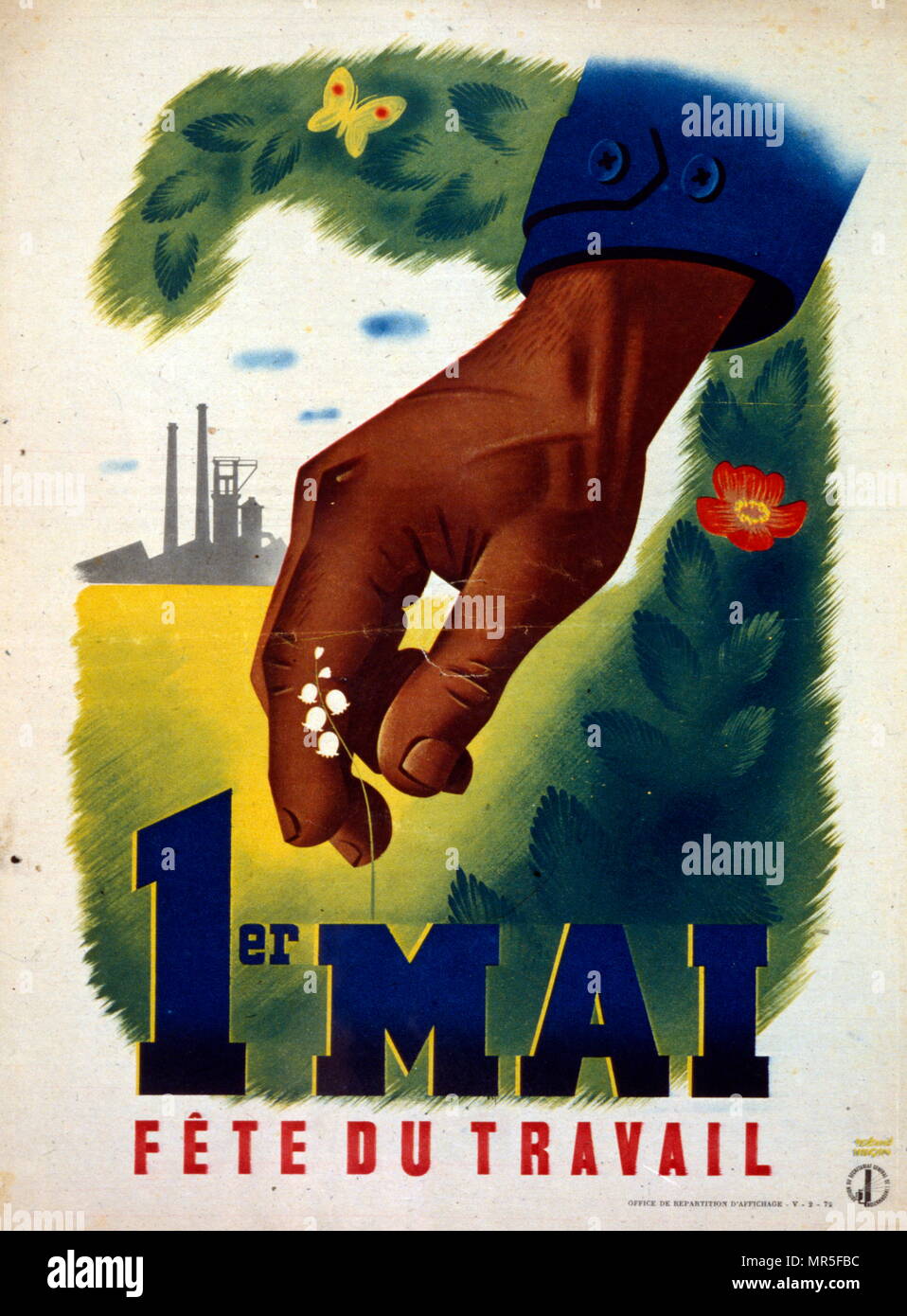 Propaganda poster issued by Marshall Petain the Vichy French Leader for May Day workers festival in Wartime France. Stock Photo