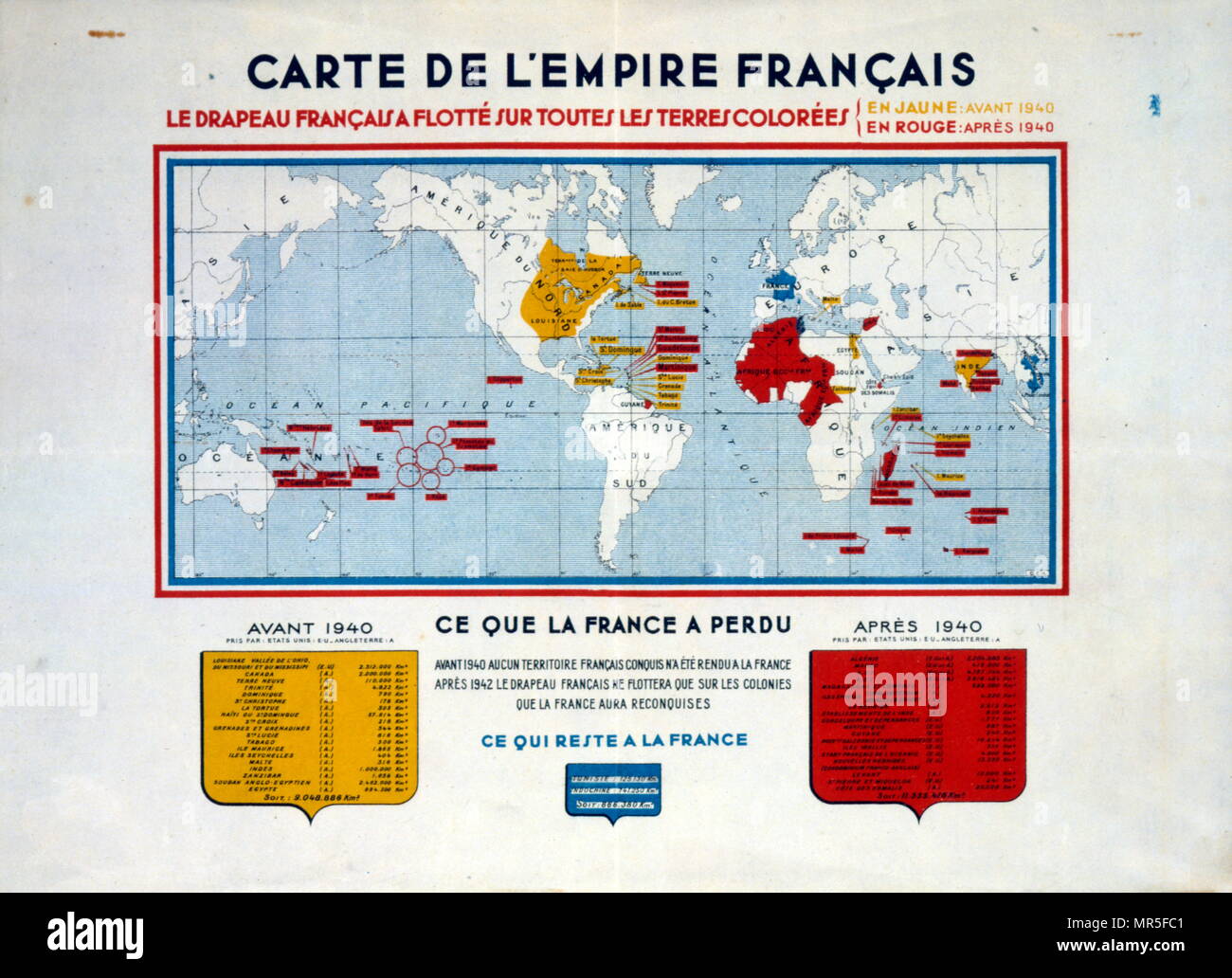 Propaganda poster issued by the Vichy French government comparing the old empire of France with the empire of 1940 Stock Photo