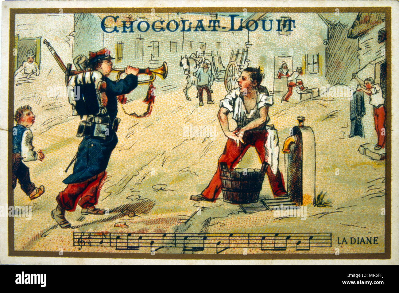 Chromolithograph from a chocolate wrapper, circa 1900, depicting French cavalry bugler next to a man drawing water from a street water pump. Stock Photo
