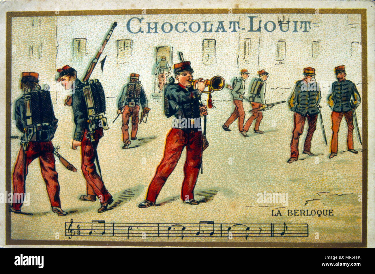 Chromolithograph from a chocolate wrapper, circa 1900, depicting French cavalry bugler Stock Photo
