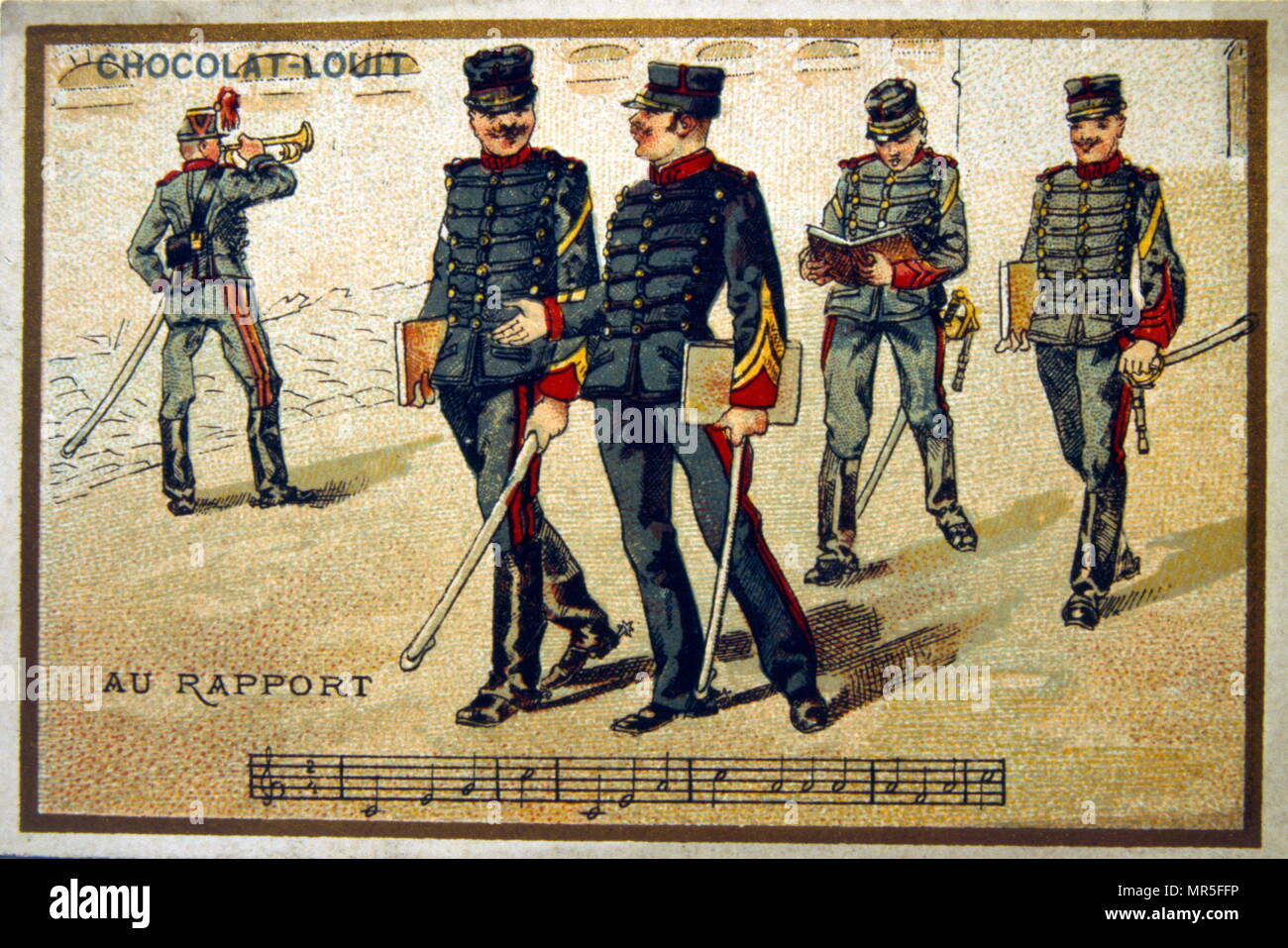 Chromolithograph from a chocolate wrapper, circa 1900, depicting French army officers on their way to a military briefing Stock Photo