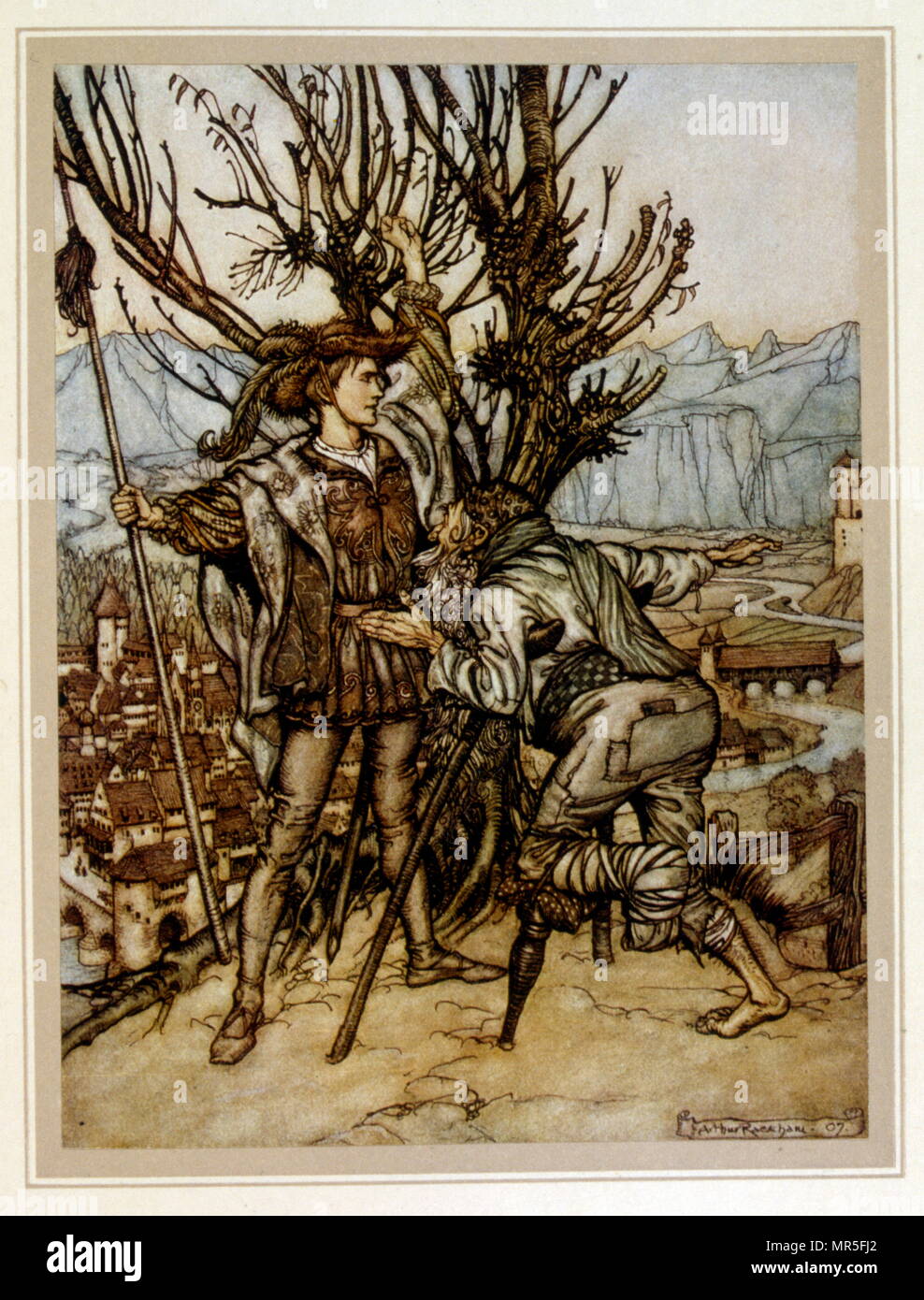 Illustration of a prince meeting n elderly cripple. From the 1922 edition of 'Le Printemps sur la Neige' by Charles  by Arthur Rackham Stock Photo