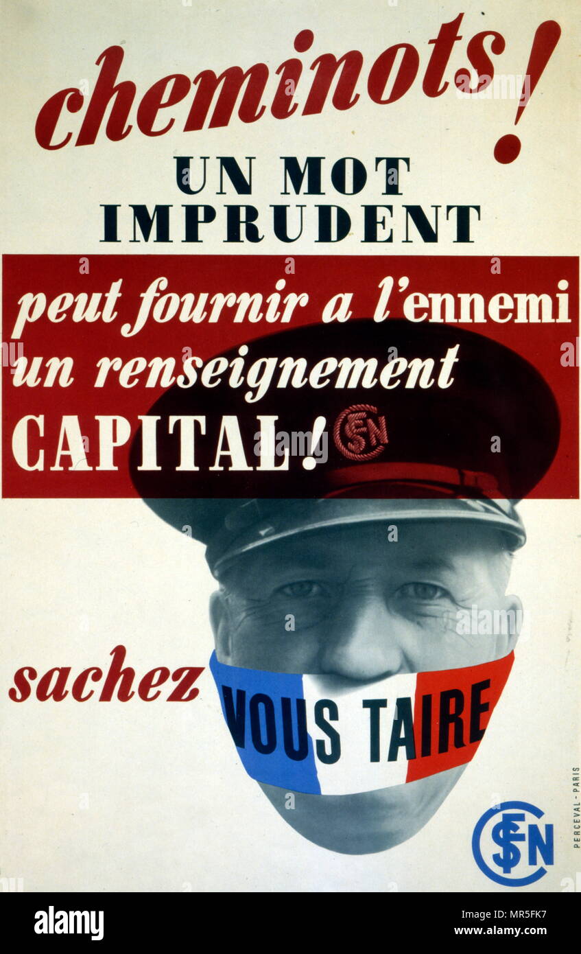 French World War two propaganda poster urging railway workers to maintain 'Silence' so as not to let the enemy overhear secrets 1942 Stock Photo
