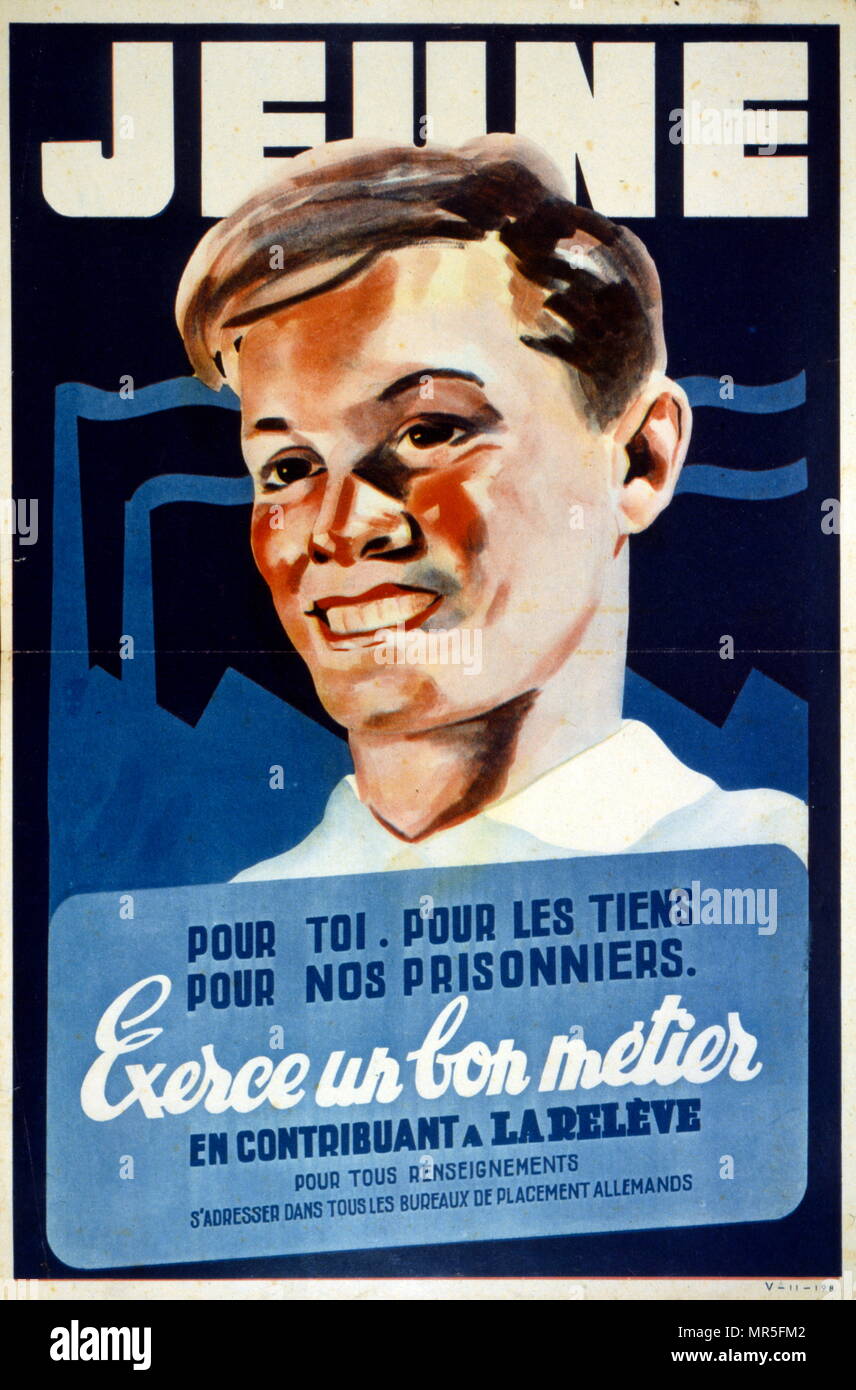 French World War two propaganda poster urging young French civilians to ...