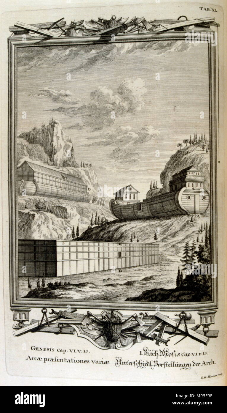 wood to build the Ark in advance of the Great flood; illustrated in 'Physique sacrée, ou Histoire naturelle de la Bible' 1732. Translated from Latin by Jean Jacques Scheuchzer (1672 – 1733); Swiss scholar born at Zurich. Engravings by Jean André Pfeffel Stock Photo