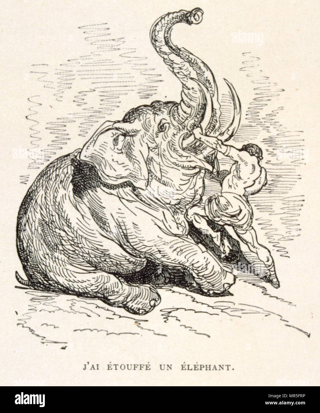 Illustration of a battle with an elephant, from La legende de Croque-Mitaine; (1863); Drawn by Gustave Dore 1832-1883. The French equivalent of the Bogeyman is le Croque-Mitaine ('the mitten-biter' or rather 'the hand-cruncher'. A Bogeyman is a common allusion to a mythical creature in many cultures used by adults to frighten children into good behaviour. Stock Photo