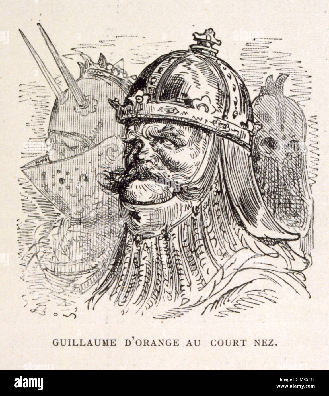 Illustration of King William of Orange, from La legende de Croque-Mitaine; (1863); Drawn by Gustave Dore 1832-1883. The French equivalent of the Bogeyman is le Croque-Mitaine ('the mitten-biter' or rather 'the hand-cruncher'. A Bogeyman is a common allusion to a mythical creature in many cultures used by adults to frighten children into good behaviour. Stock Photo