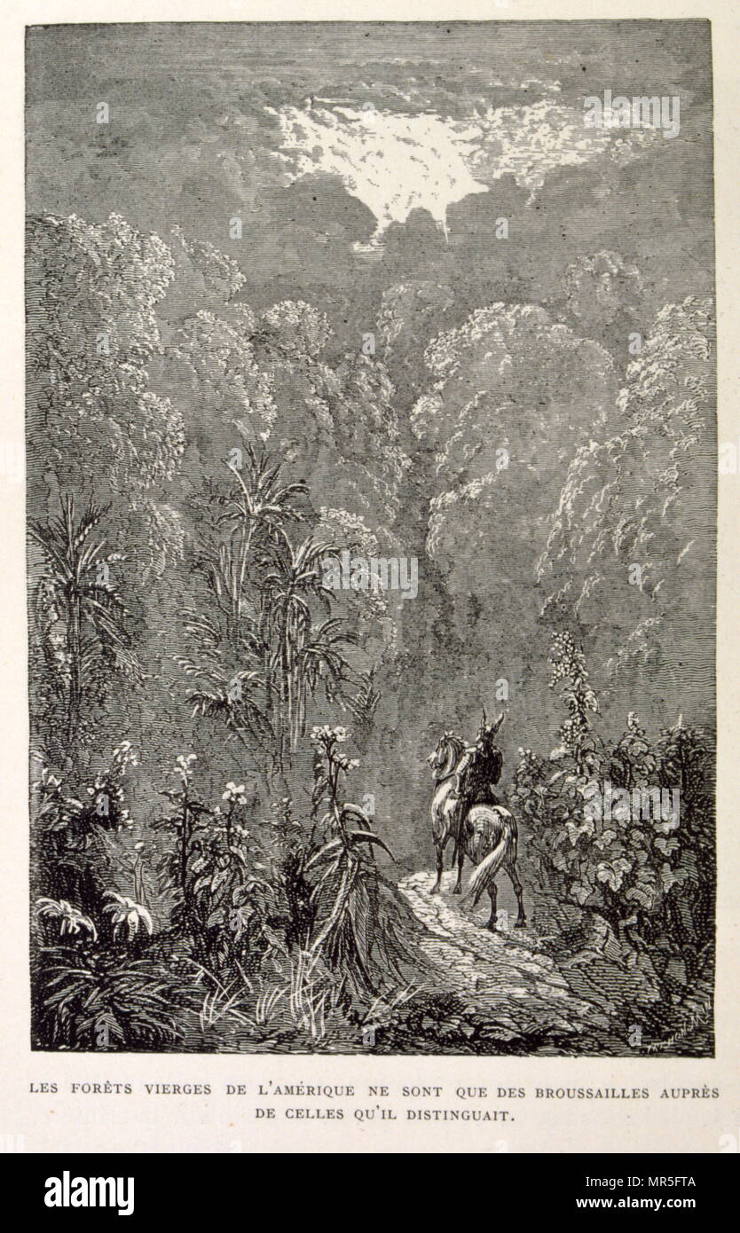 Illustration of American forest, from La legende de Croque-Mitaine; (1863); Drawn by Gustave Dore 1832-1883. The French equivalent of the Bogeyman is le Croque-Mitaine ('the mitten-biter' or rather 'the hand-cruncher'. A Bogeyman is a common allusion to a mythical creature in many cultures used by adults to frighten children into good behaviour. Stock Photo