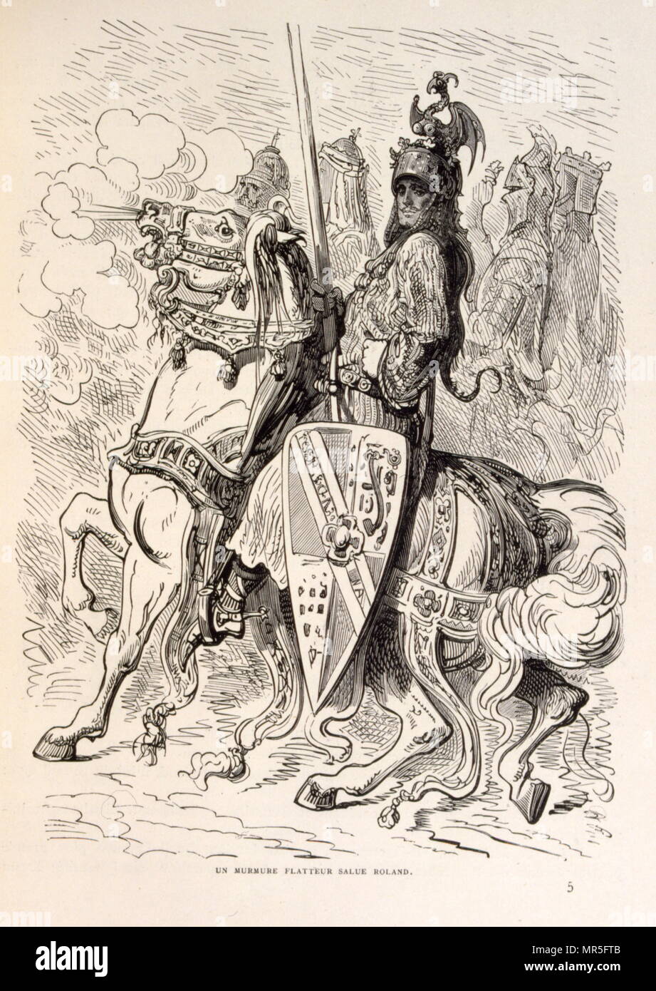 Illustration of Roland on horseback, from La legende de Croque-Mitaine; (1863); Drawn by Gustave Dore 1832-1883. The French equivalent of the Bogeyman is le Croque-Mitaine ('the mitten-biter' or rather 'the hand-cruncher'. A Bogeyman is a common allusion to a mythical creature in many cultures used by adults to frighten children into good behaviour. Roland ((died  778); was a Frankish military leader under Charlemagne who became one of the principal figures in the literary cycle known as the Matter of France. Stock Photo
