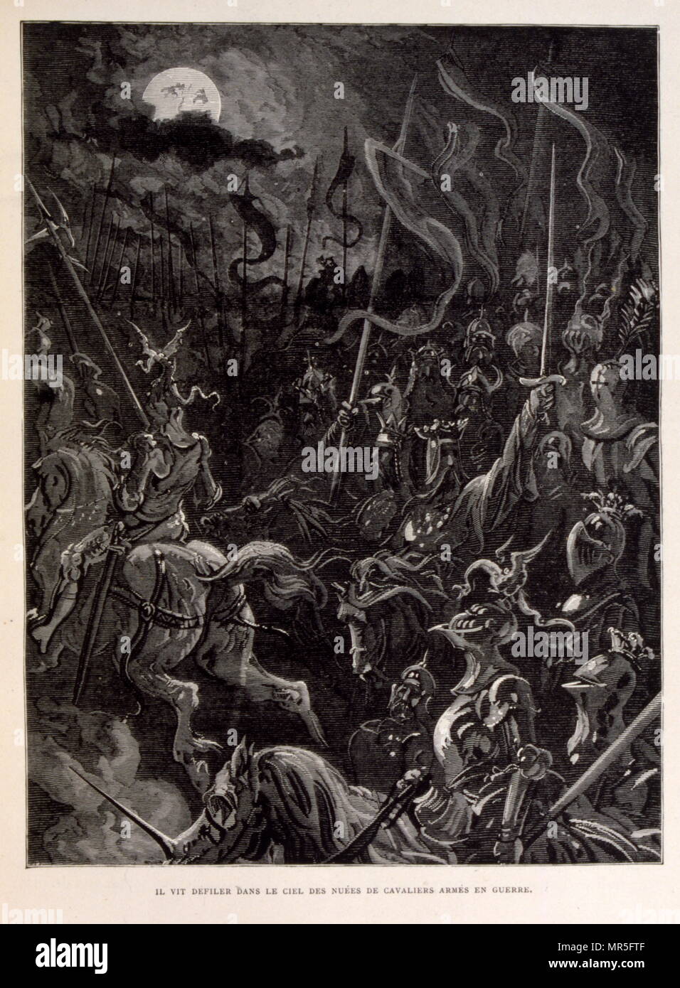 Illustration of Knights at battle during a moonlit, evening, from La legende de Croque-Mitaine; (1863); Drawn by Gustave Dore 1832-1883. The French equivalent of the Bogeyman is le Croque-Mitaine ('the mitten-biter' or rather 'the hand-cruncher'. A Bogeyman is a common allusion to a mythical creature in many cultures used by adults to frighten children into good behaviour. Roland ((died  778); was a Frankish military leader under Charlemagne who became one of the principal figures in the literary cycle known as the Matter of France. Stock Photo