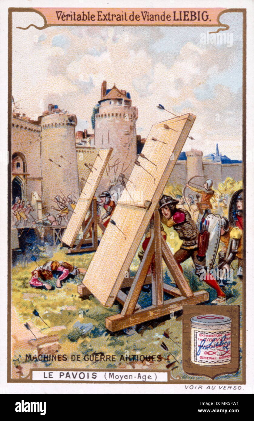 Leibig collector card depicting French medieval soldiers besieging a castle Stock Photo