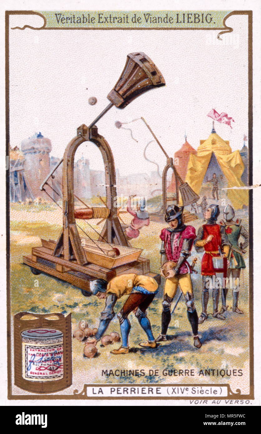 Leibig collector card depicting French medieval soldiers besieging a castle with a trebuchet Stock Photo