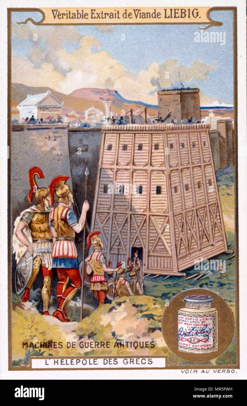 Leibig collector card depicting Greek soldiers besieging a castle with a siege  tower Stock Photo - Alamy