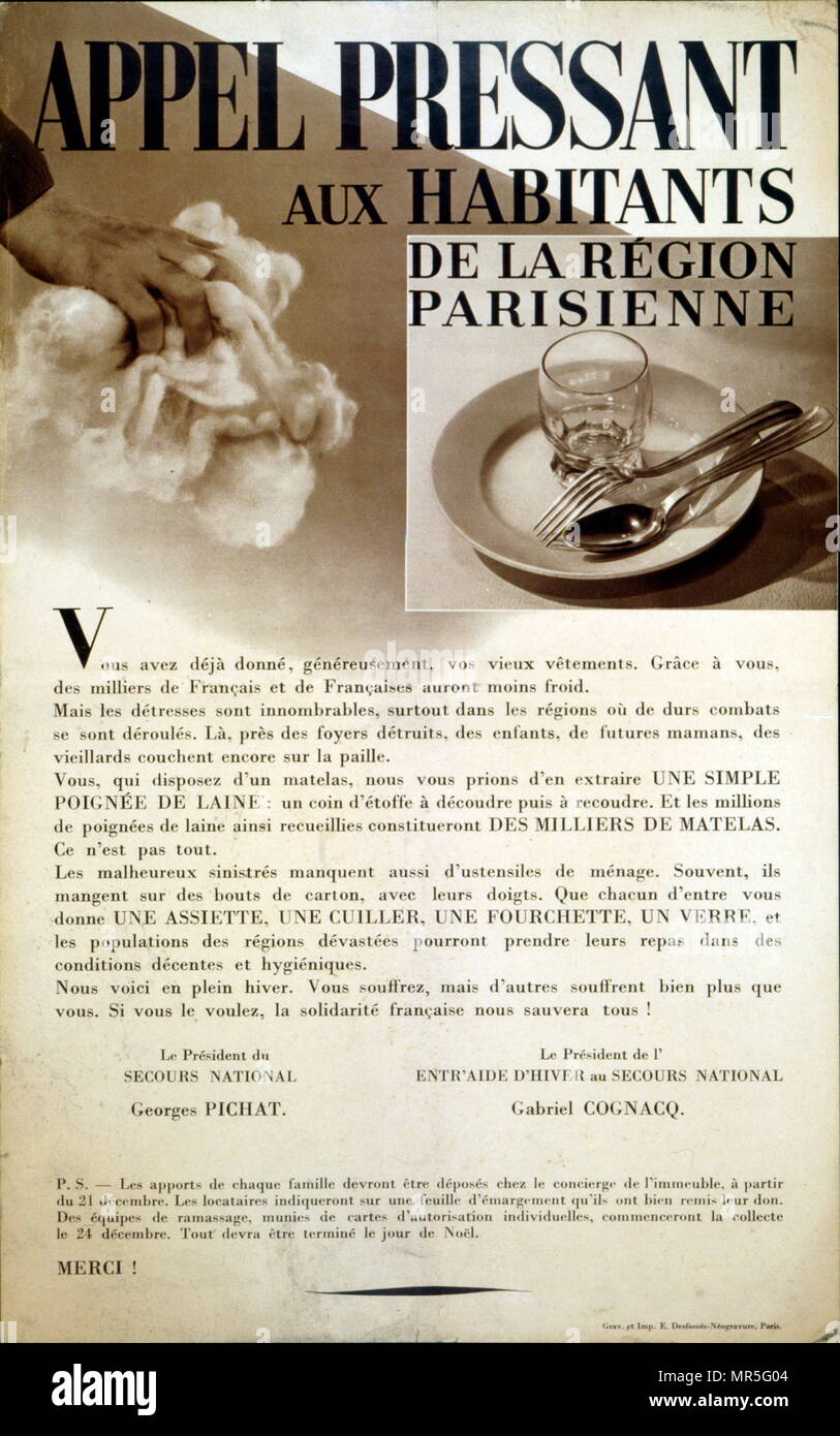 French world war two poster appealing for citizens to donate used clothes in Vichy France Stock Photo