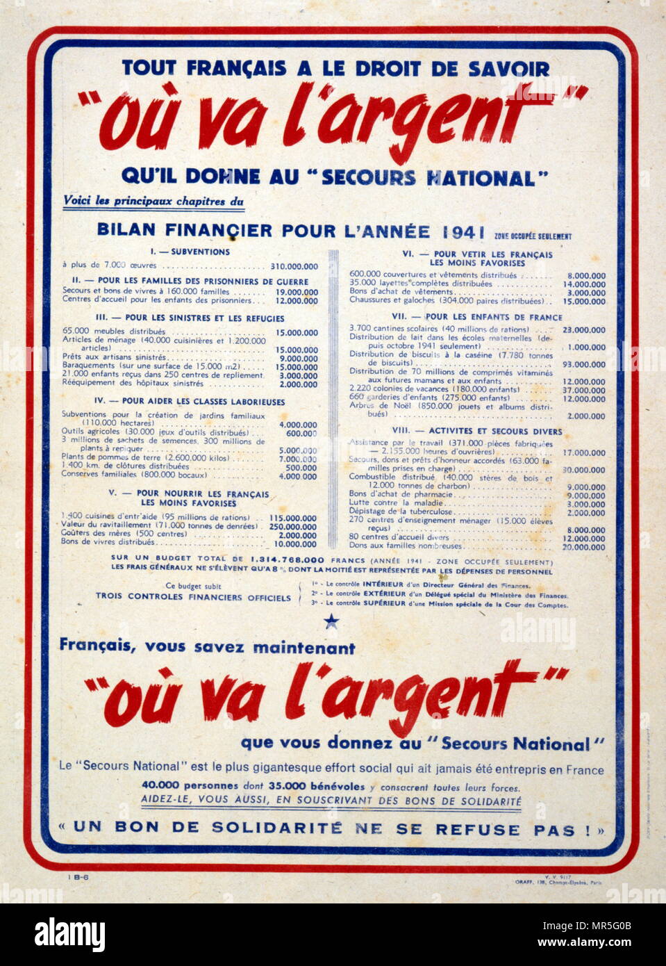 French world war two poster appealing for citizens to raise funds in Vichy France Stock Photo