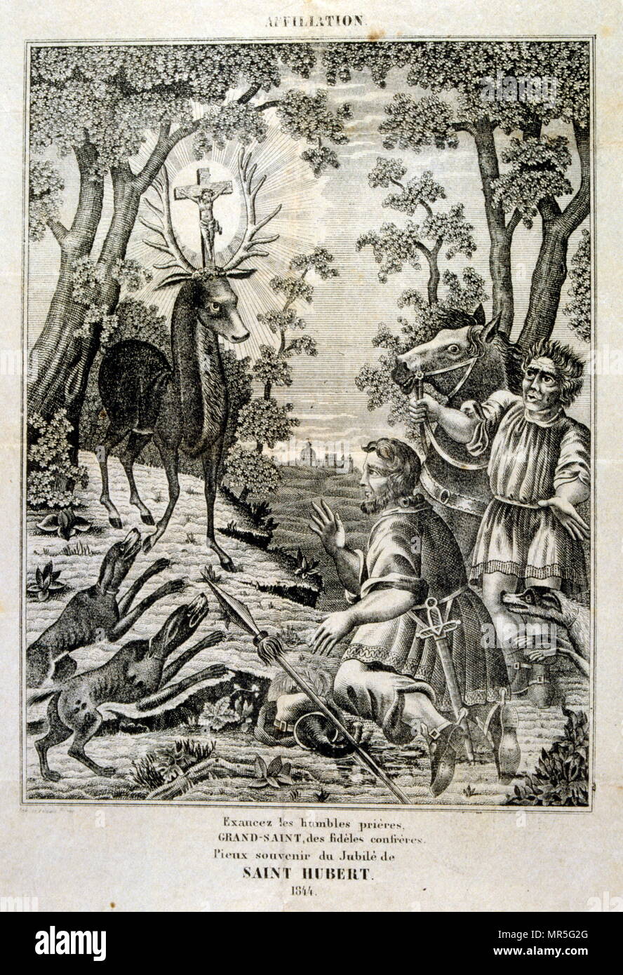 French 18th century illustration of Saint Hubertus or Hubert (c. 656