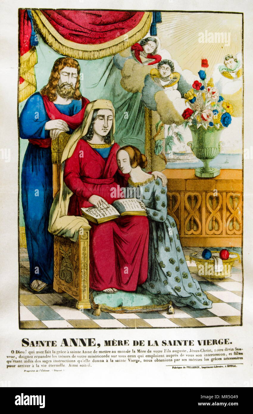 French 19th century illustration of Saint Anne, the mother of Mary and grandmother of Jesus according to apocryphal Christian and Islamic tradition. Stock Photo