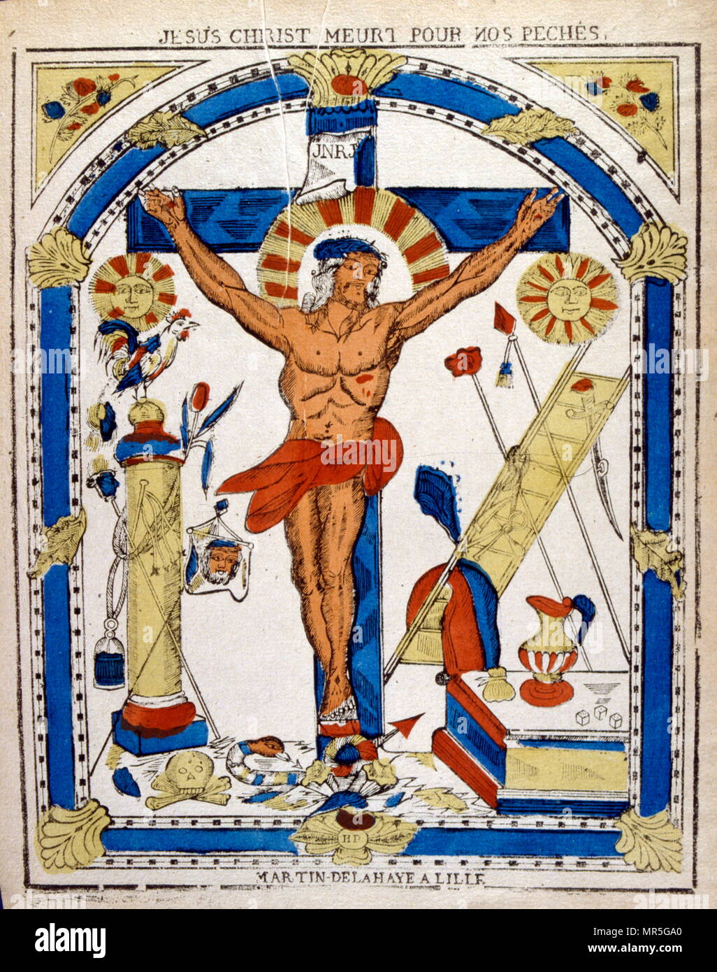 Dutch 19th century, illustration, showing the crucified Christ. Woodcut circa 1850 Stock Photo