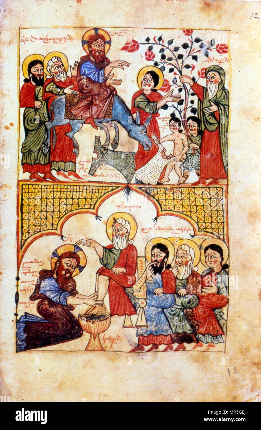 14th century, Armenian Evangelical manuscript, by  Khisanetzi, The entry of Christ into Jerusalem and the washing of the feet. 1392 Stock Photo