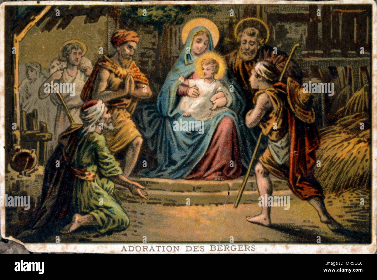 19th century  chromolithograph depicting the adoration of Christ and the virgin by the shepherds Stock Photo