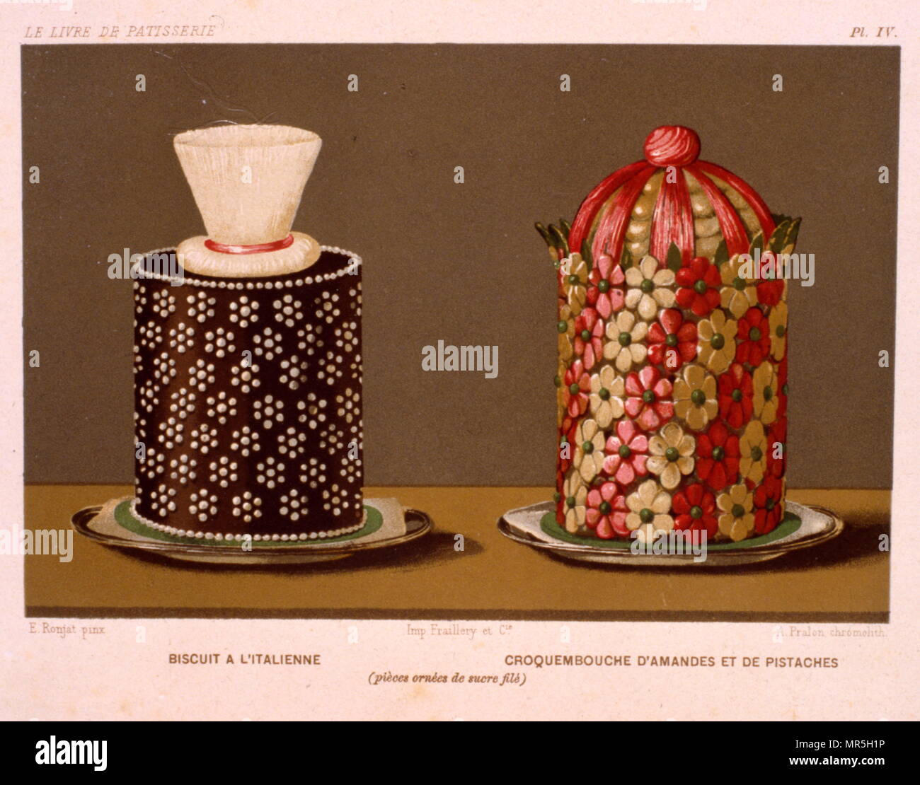 selection of attractive desserts, from 'Le Livre De Cuisine' 1867 by Jules Gouffe. chromolithograph Stock Photo