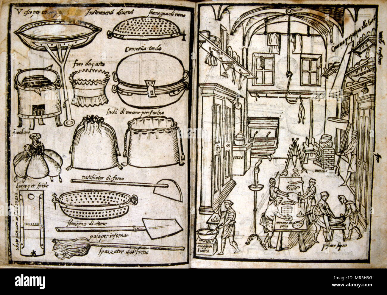 Woodcut illustrations of a renaissance kitchen and equipment. From 'Opera  dell'arte del cucinare' by Bartolomeo Scappi (c. 1500 – 1577), an important  Italian Renaissance chef. He acquired fame in 1570 when his