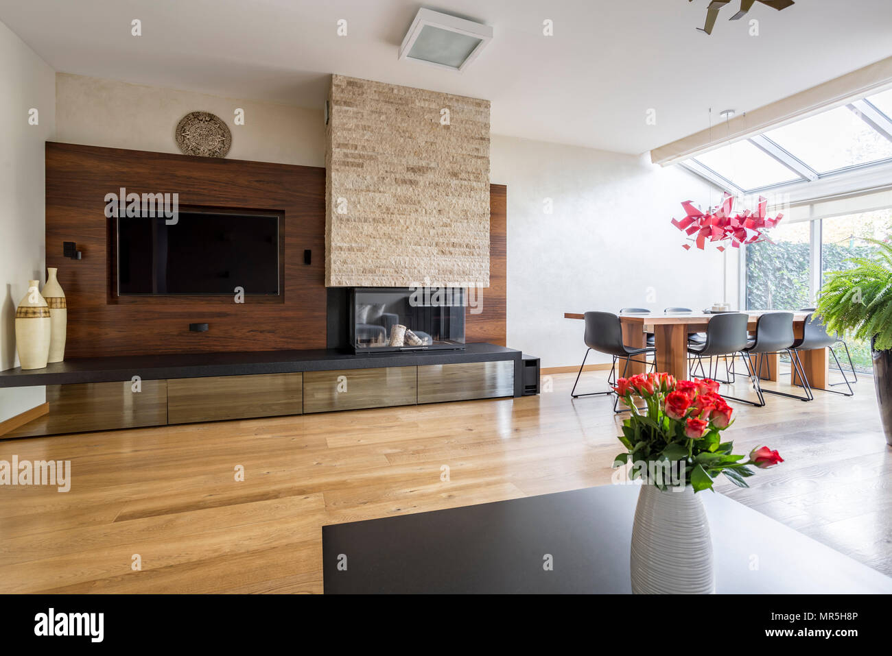 Cozy living room interior with fireplace Stock Photo - Alamy