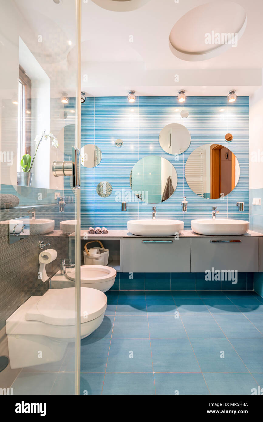 Blue bathroom for two with sinks and toilet Stock Photo Alamy