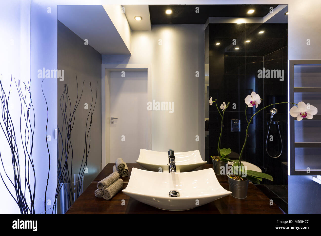 Black and white bathroom with two countertop basins Stock Photo Alamy