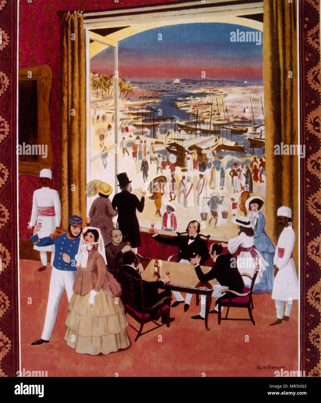 Illustration depicting the British trade and colonial presence in Singapore in the mid-nineteenth century. Cognac Hennessy advertisement,  1938 Stock Photo
