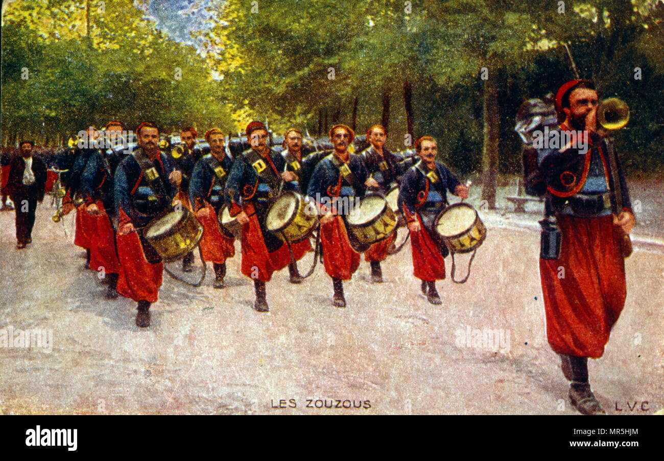 French World War One Propaganda postcard, circa 1916, showing North African Zouaves soldiers marching in Paris. The Zouaves were a class of light infantry regiments of the French Army serving between 1830 and 1962 and linked to French North Africa Stock Photo