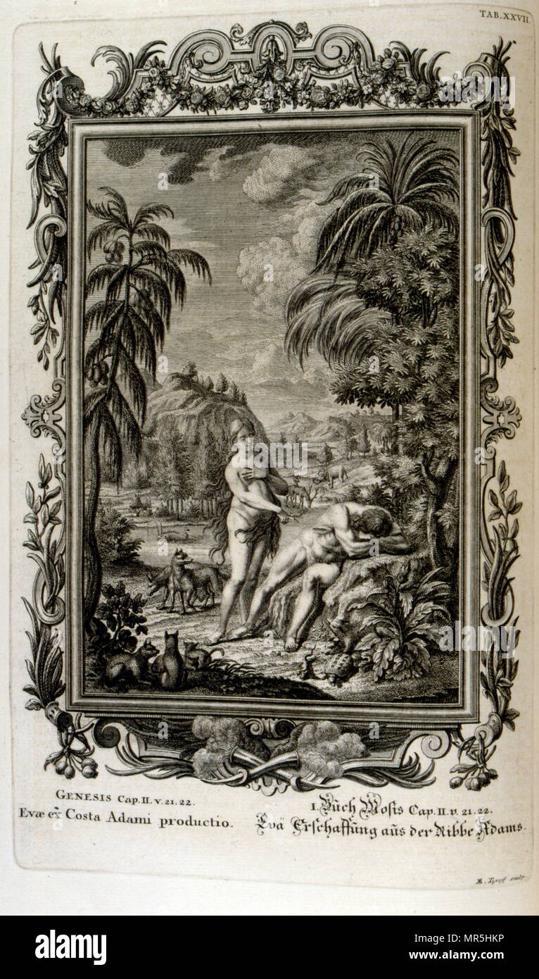 Copperplate engraving from 'Physica Sacra' by Swiss scholar, Johann Jakob Scheuchzer (1672 – 1733). Scheuchzer believed the Old Testament was a factual representation of human history & natural life. Physica Sacra is a compilation of art, science & spirituality. Scheuchzer uses the Bible as a reference for describing the natural world. Physica Sacra is also known as the Kupfer-Bibel which translates to “Copper Bible.” The sketches were done by Johann Melchior Fussli & a number of engravers worked on the compilation. Originally published in 1731, it features over 700 copper plate engravings Stock Photo