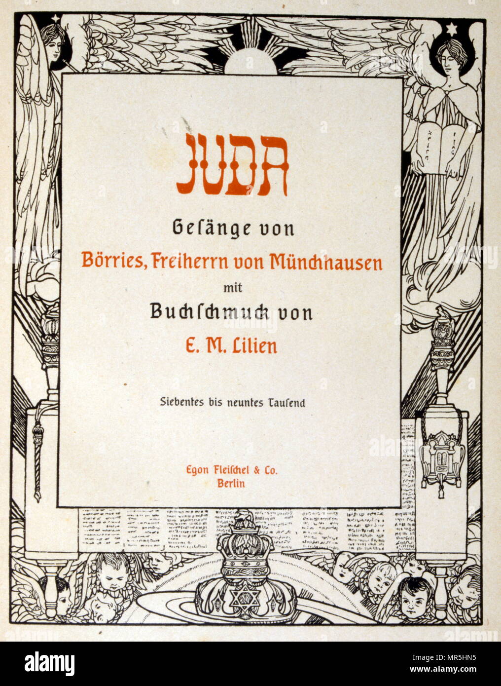 Judah', a collection of ballads by the non-Jewish poet Börries von Münchhausen 1874 - 1945. Illustrated by Ephraim Moses Lilien (1874–1925), art nouveau illustrator and printmaker, noted for his art on Jewish themes. He is sometimes called the 'first Zionist artist. Münchhausen's relationship to Judaism remained ambivalent: Munchhausen did not consider the 'Jewish race' inferior, but merely wanted to prevent a 'mixture' with the non-Jewish Germans. Stock Photo