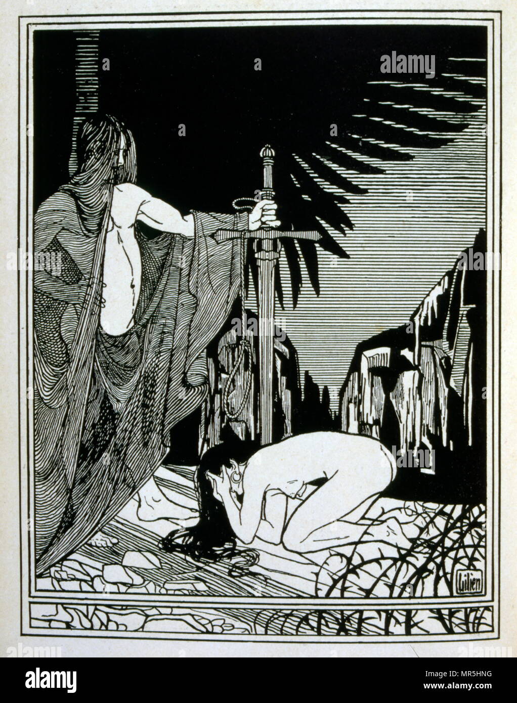 Judah', a collection of ballads by the non-Jewish poet Börries von Münchhausen 1874 - 1945. Illustrated by Ephraim Moses Lilien (1874–1925), art nouveau illustrator and printmaker, noted for his art on Jewish themes. He is sometimes called the 'first Zionist artist. Münchhausen's relationship to Judaism remained ambivalent: Munchhausen did not consider the 'Jewish race' inferior, but merely wanted to prevent a 'mixture' with the non-Jewish Germans. Stock Photo