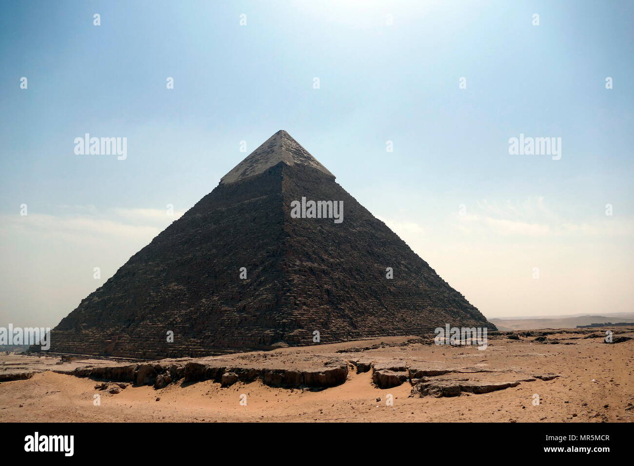 Pyramid of Khafre or of Chephren, is the second-tallest and second-largest of the Ancient Egyptian Pyramids of Giza and the tomb of the Fourth-Dynasty pharaoh Khafre (Chephren), who ruled from c. 2558 to 2532 BC Stock Photo