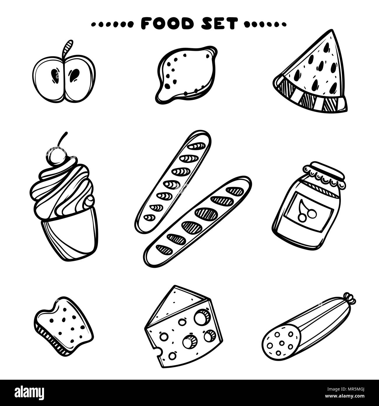 Hand drawn set of breakfast food. Sketch concept illustration. Food set