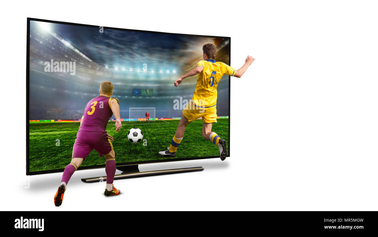 TV. A monitor broadcasting a football match from the stadium. Isolated. Two  players are fighting for the ball. Dangerous situation. The concept. World  Stock Photo - Alamy