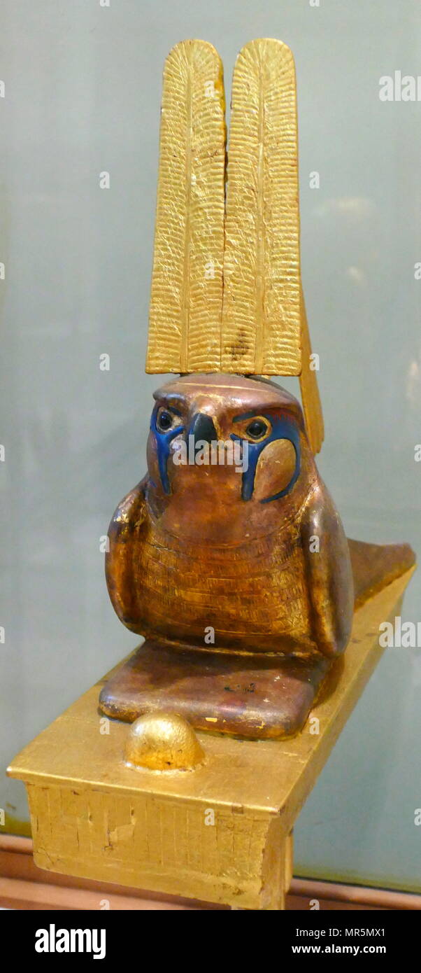 statuette depicting Sopdu a god of the sky, found in the tomb of King Tutankhamen. Sopdu was depicted as a falcon sitting on a religious standard, often with a two-feathered crown on his head and a flail over his shoulder. Stock Photo