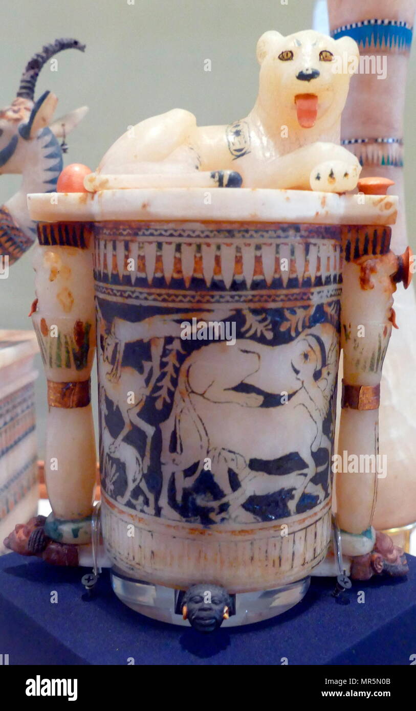 Ornamental Calcite alabaster cosmetic jar topped with a lioness, representing the goddess Bast. From the tomb of King Tutankhamen. 1323 BC. 18th dynasty, New Kingdom Stock Photo