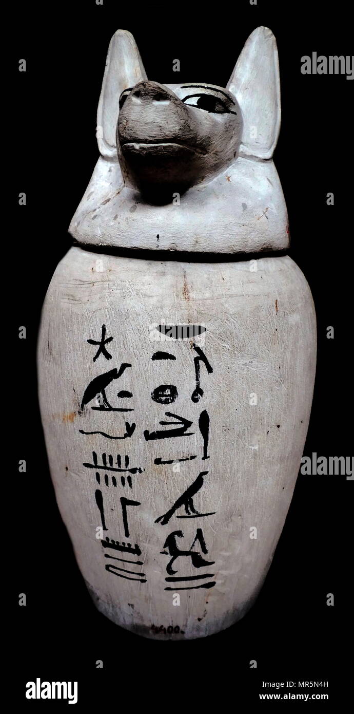 Canopic jar, for internal organs in the afterlife. Ancient Egyptian tomb object. The Late Period  664 BC - 332 BC Stock Photo