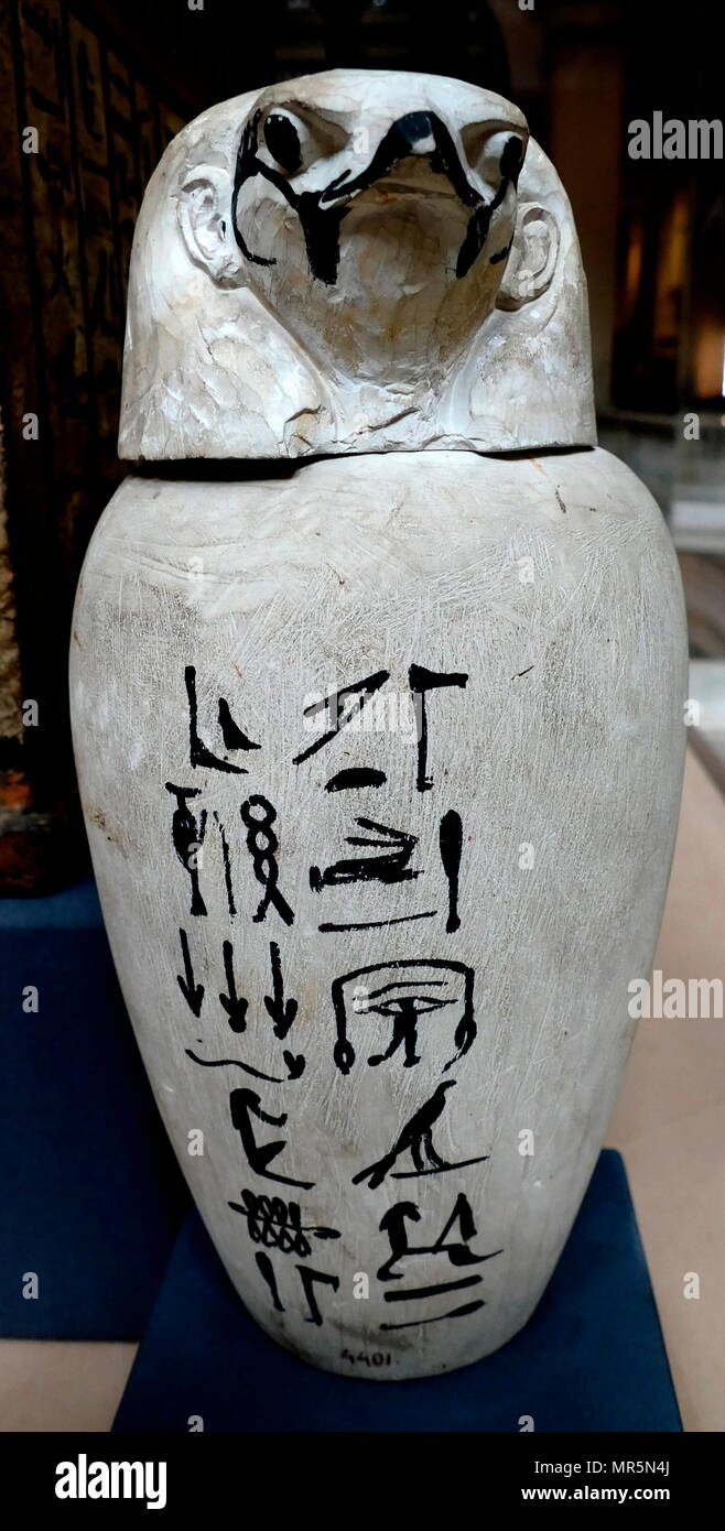 Canopic jar, for internal organs in the afterlife. Ancient Egyptian tomb object. The Late Period  664 BC - 332 BC Stock Photo