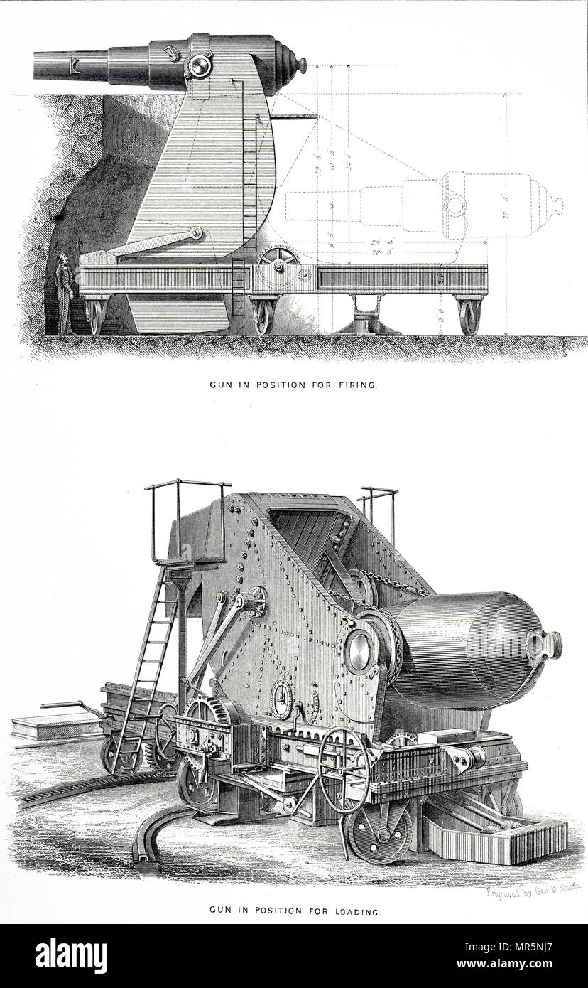 Engraving depicting Alexander Moncrieff's 9-inch bore gun which fired a 250lb shell. Built by William Armstrong & Co. Newcastle-upon-Tyne. When the gun was fired, the recoil lowered it to the loading position behind the protective parapet. Alexander Moncrieff (1829-1906) a British engineer and Army Officer. Dated 19th century Stock Photo